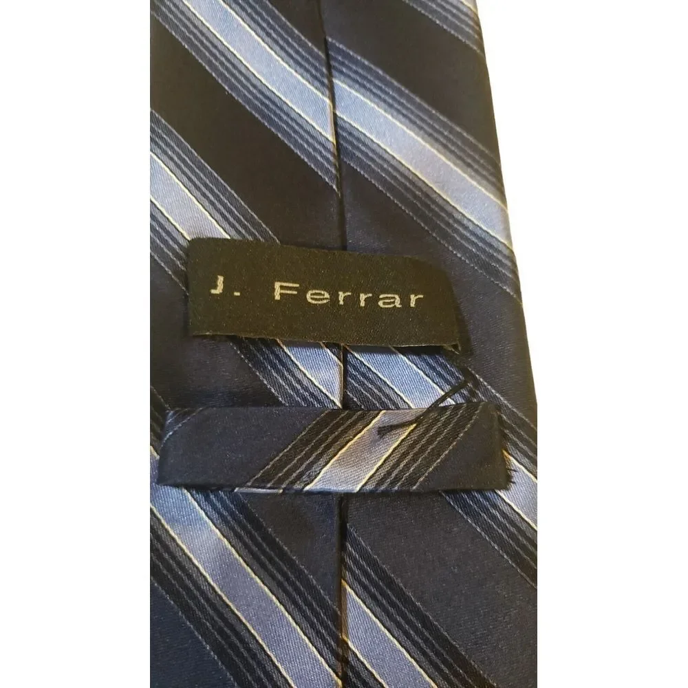J. Ferrar 100% Silk Neck Tie Navy Blue & Lt Blue Stripes‎ Men Necktie
